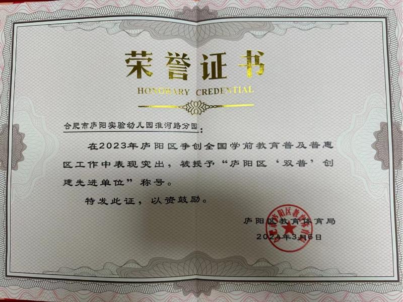 庐阳实验幼儿园教育集团淮河路园：庐阳区双普创建先进单位